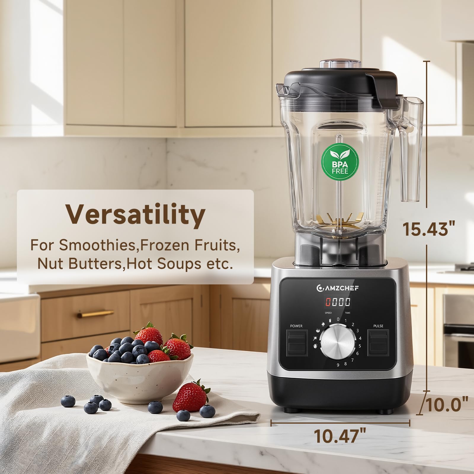 AMZCHEF blender 1800 W do smoothie, miska 2 l z tritanu, bez BPA, idealna do kruszonego lodu, mrożonych owoców i sosów, 5 wstępnie ustawionych programów i 9 prędkości [klasa energetyczna A+++]
