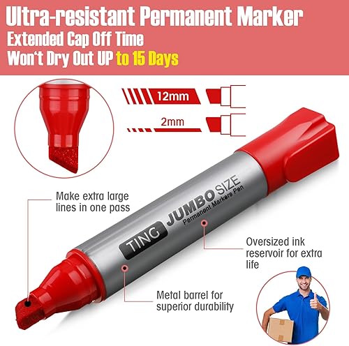 Miniatura 4 de Fuutreo Paquete de 10 marcadores permanentes jumbo a granel con punta de cincel grande, marcadores permanentes de secado rápido, impermeables, Rojo