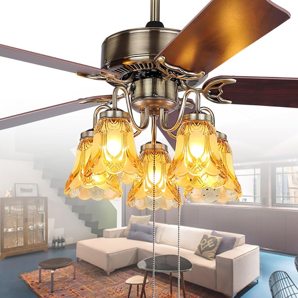 YUEGOO Ceiling Fans with Lamps,Retro Leaf Fan Chandelier European Antique Simple Restaurant Living Room Home Ceiling Fan Light E27*5/52 inch Pull Rope Switch