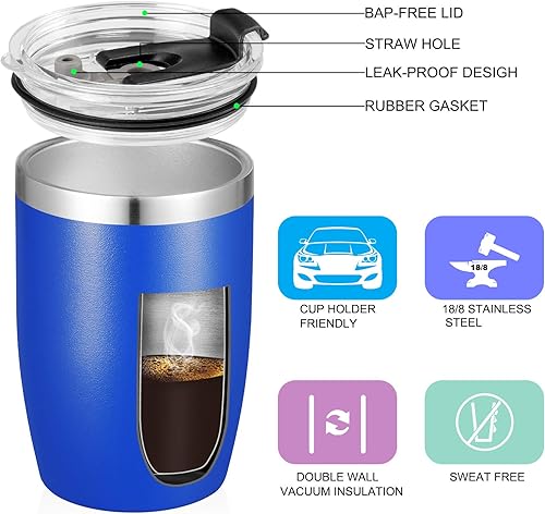Miniatura 2 de VEGOND - Vaso térmico de acero inoxidable de 12 oz con doble pared aislante al vacío con tapa y pajita, vaso reutilizable para viajes, azul real,