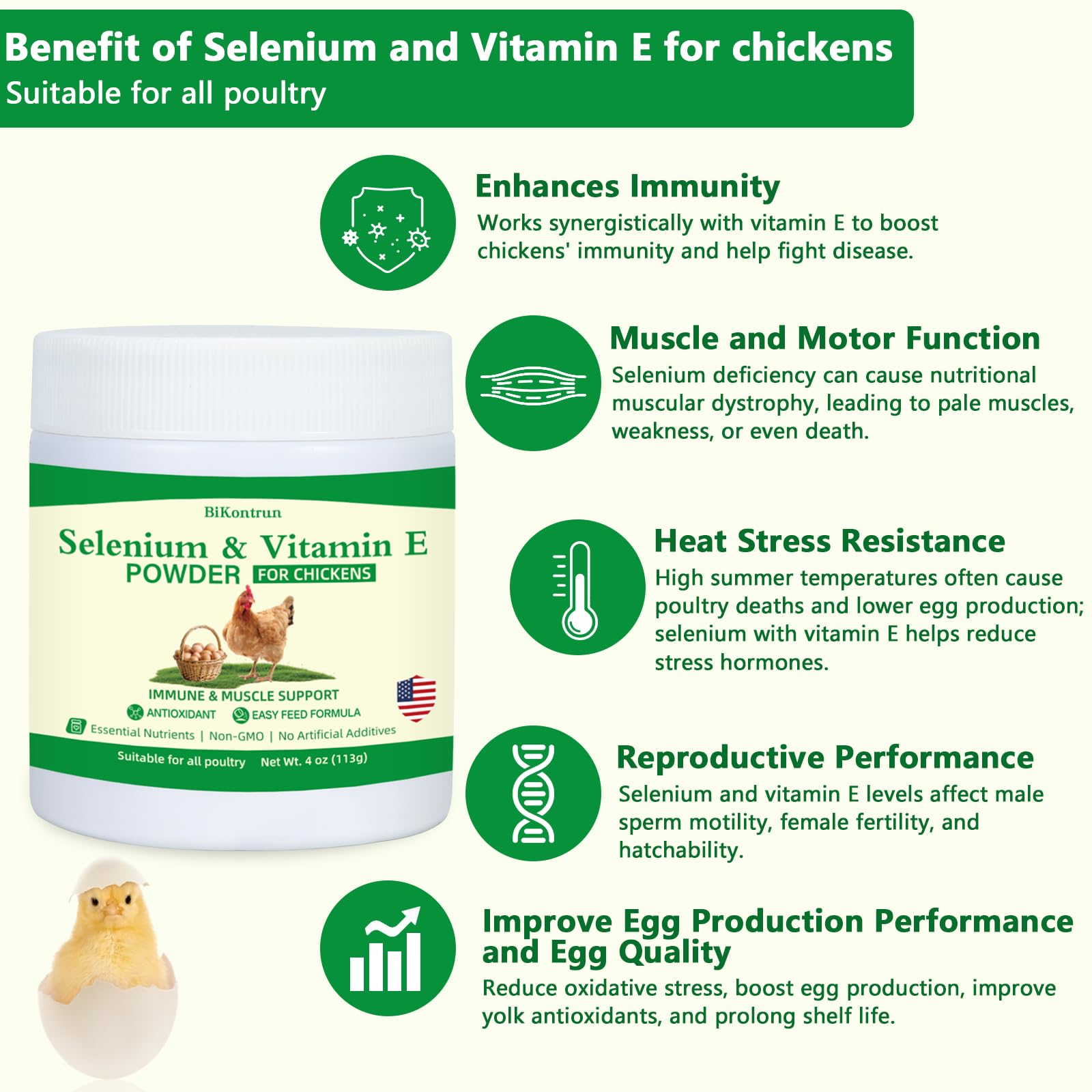 Selenium and Vitamin E Powder for Chickens, Selenium for Chickens, Immune System, Muscle Support & Prevents, Improve Wry Neck, Selenium, Vitamin E Supplements, Suitable for All Poultry, Chicken & More — Amazon image 2