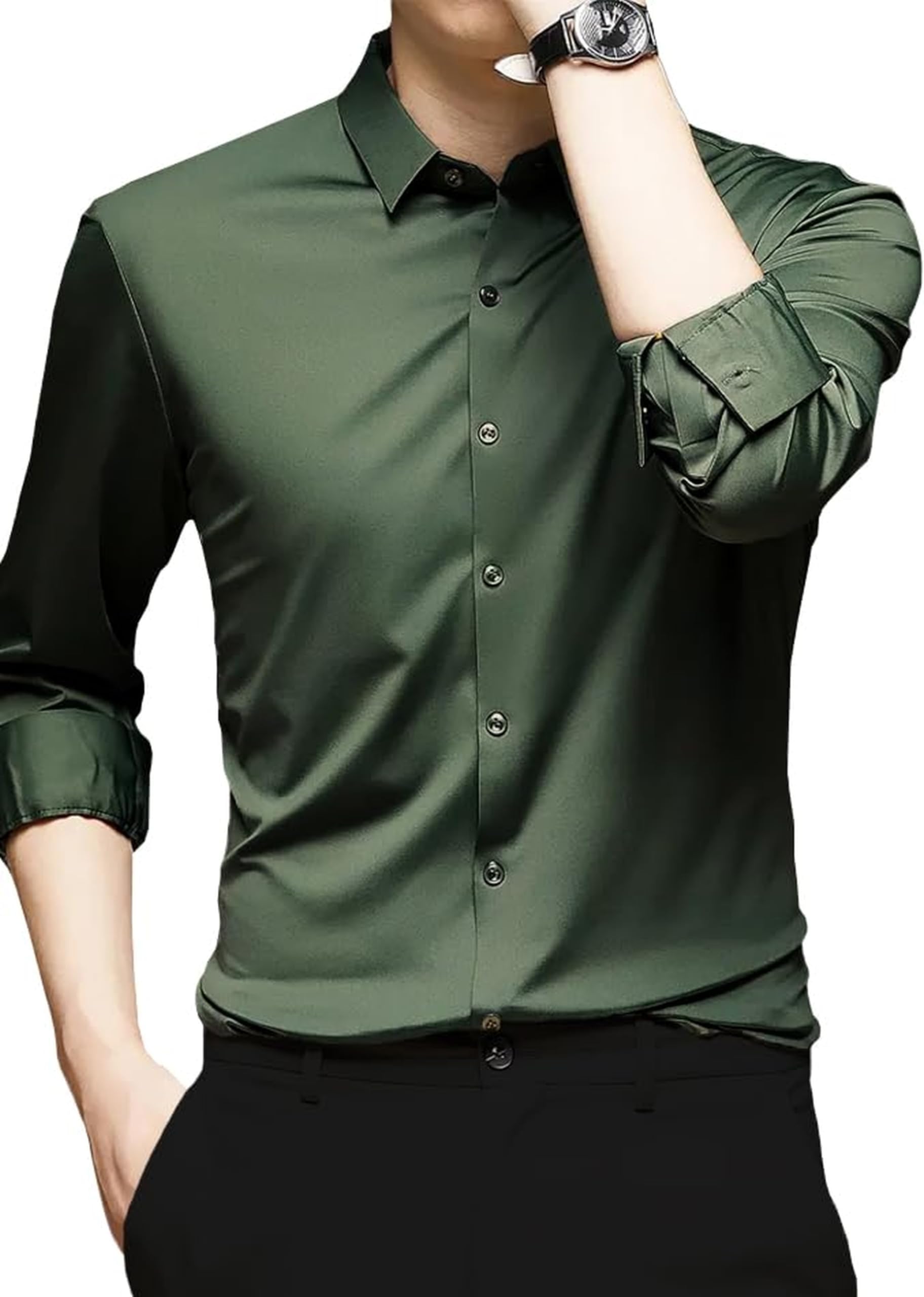 Men's Silk Satin Dress Shirts for Men Long Sleeve Button Down Shirts Party Prom Wedding Shirt Top