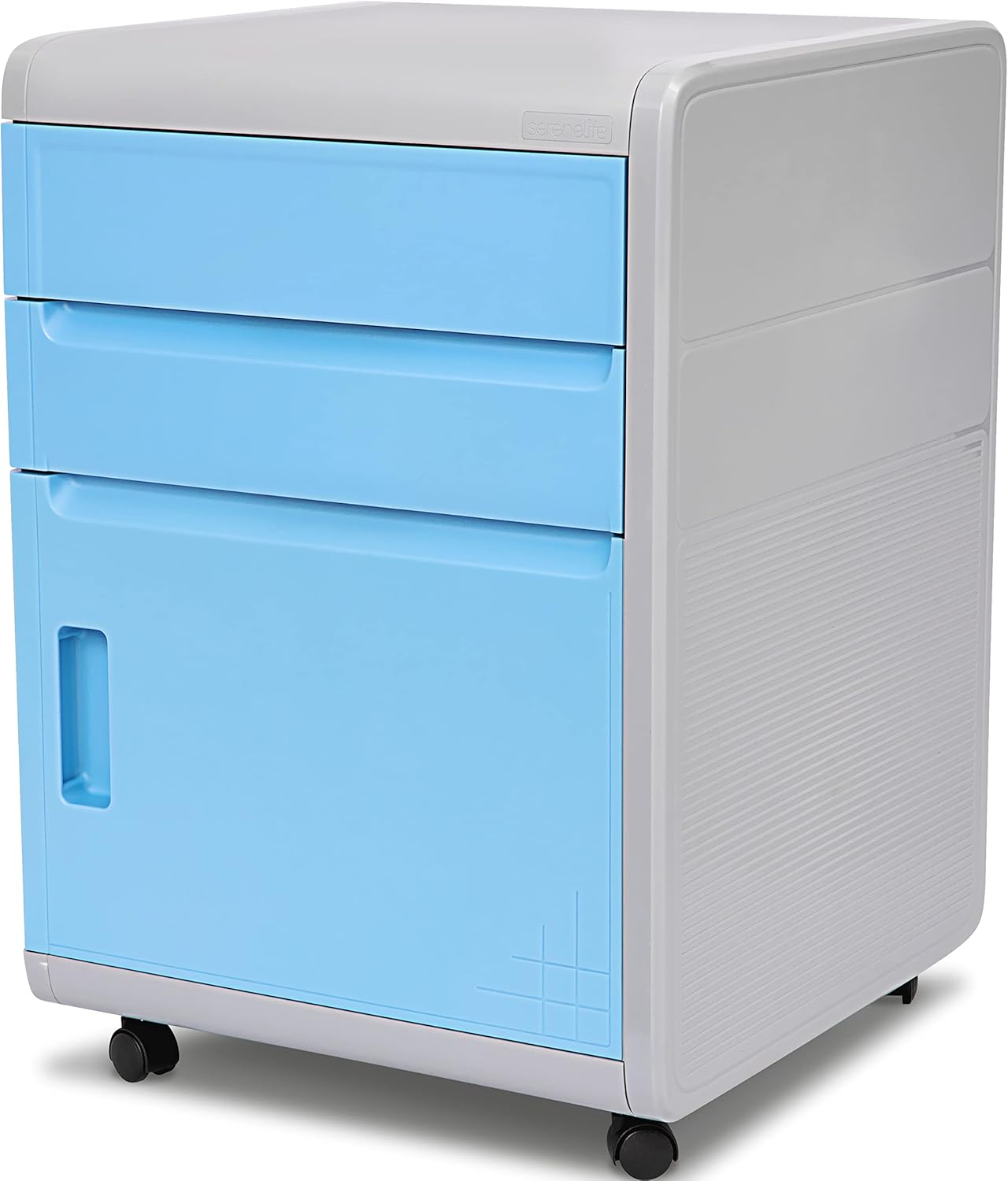 SereneLifeHome 3 Drawer File Cabinet with Coded Lock, Business Filing Desk with Wheels, Mobile Rolling Organizer, 360° Swivel Casters, Ideal for Office Or Home Workstation, Gray, Blue (SLRLCB28)