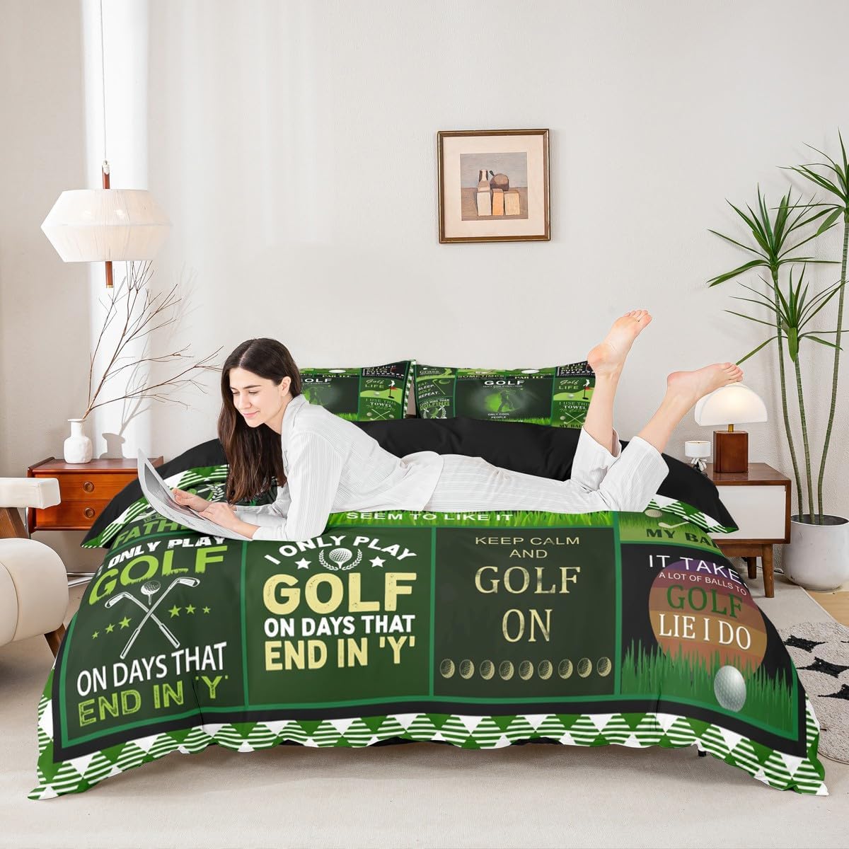 Men Golf Duvet Cover Set Queen Size Golf Ball Sports Theme Comforter Cover 3Pcs for Kids Boys Adult Bedroom Decor Green Patchwork Plaid Comforter Cover Modern Fashion Quilt Cover,2 Pillowcases