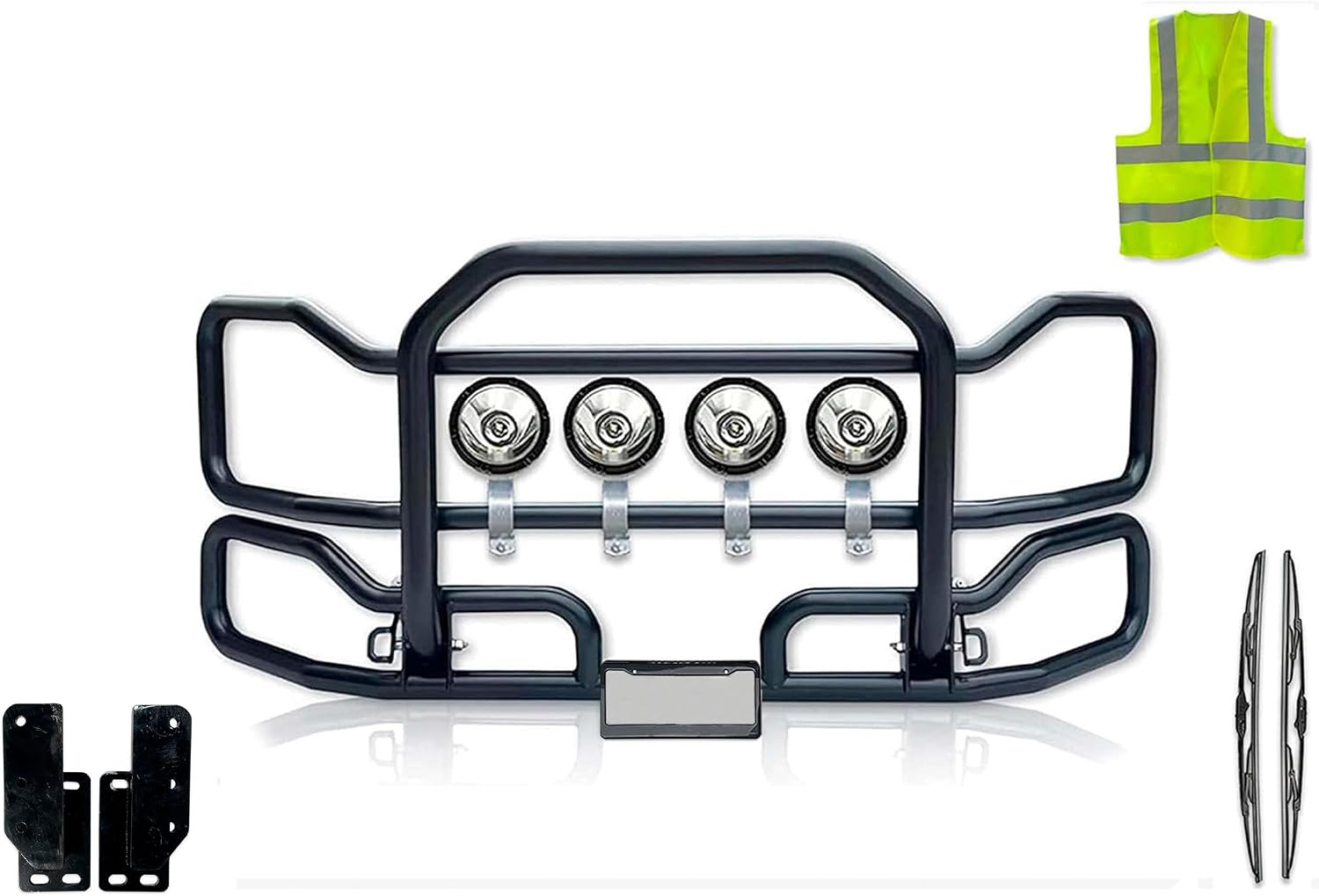 Black Front Grille Deer Brush Bumper Guard Large Compatible with Mack Granite GU713 (Set-Back) 2004-Current PLUS Bracket, 4X 6” LED Lights, Headlights, Wipers, License Plate Holder and Frame, Vest