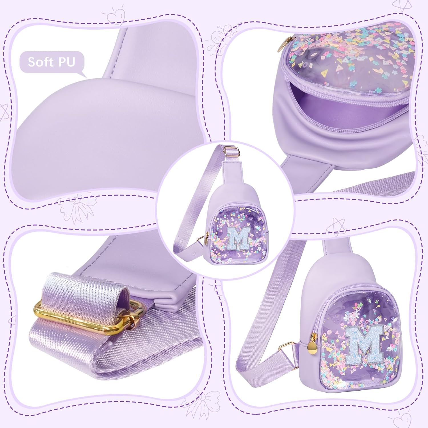 COSHAYSOO Personalized Easter Basket Stuffers for 2 3 4 5 6 7 Year Old Girls Birthday Gift Ideas, Purple Toddler Kids Purse Sling Bag Crossbody Preschool Little Girl 2-4 3-5 4-6 Cute Stuff Initial M - Image 6