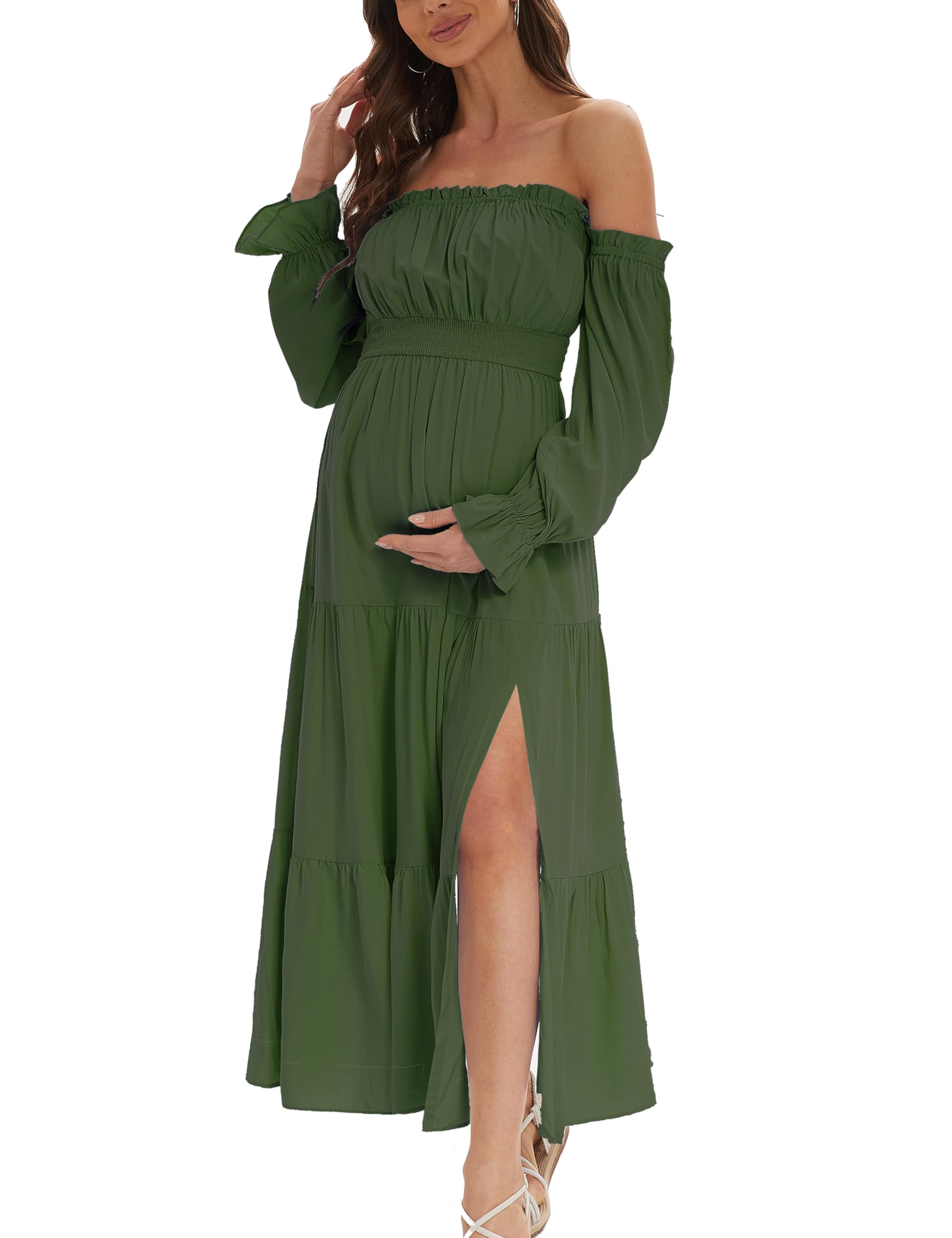 Umstandskleid im Boho-Stil, schulterfrei, lange Ärmel, Seitenschlitz, fließendes Maxikleid in A-Linie mit Stufenrock für Babyparty und Schwangerschaftsfotos