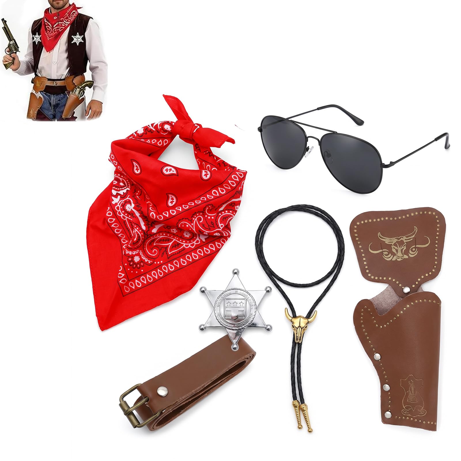 ZPSCXQ 6 Pcs Cowboy Accessories, Men's Costume Accessories Set, Guns & Holsters Adult Costume Kit, for Male Adults Cosplay Party, Cowboy Outfit Kit for Halloween Cosplay ﻿