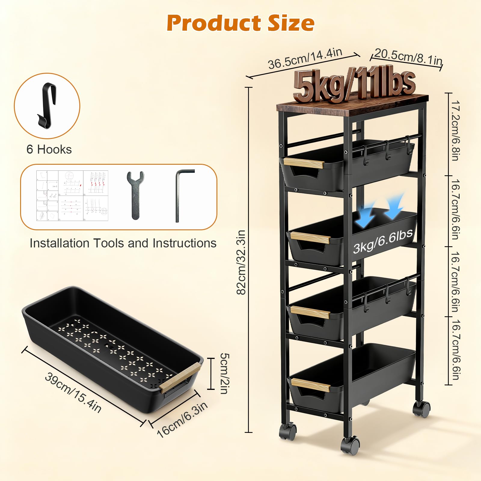 Carrito Cocina con Ruedas, Carrito Cocina con Cestas Retráctiles con 5 Cajones, Verdulero Cocina con 6 Ganchos y Mecanismo de Frenado, Adecuado para Cocina, Baño
