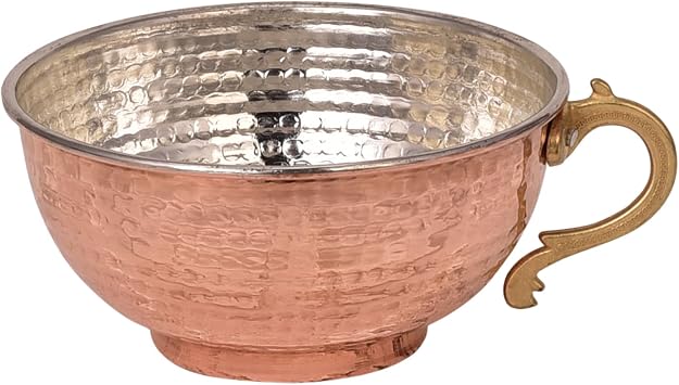 Set of 2 Traditional Handcrafted Copper Ayran Bowl with Brass Handle 16.9 Fl Oz. Turkish Serving Cup for Yogurt Drinks, Soups, Water or Decorative Use Hammered Design