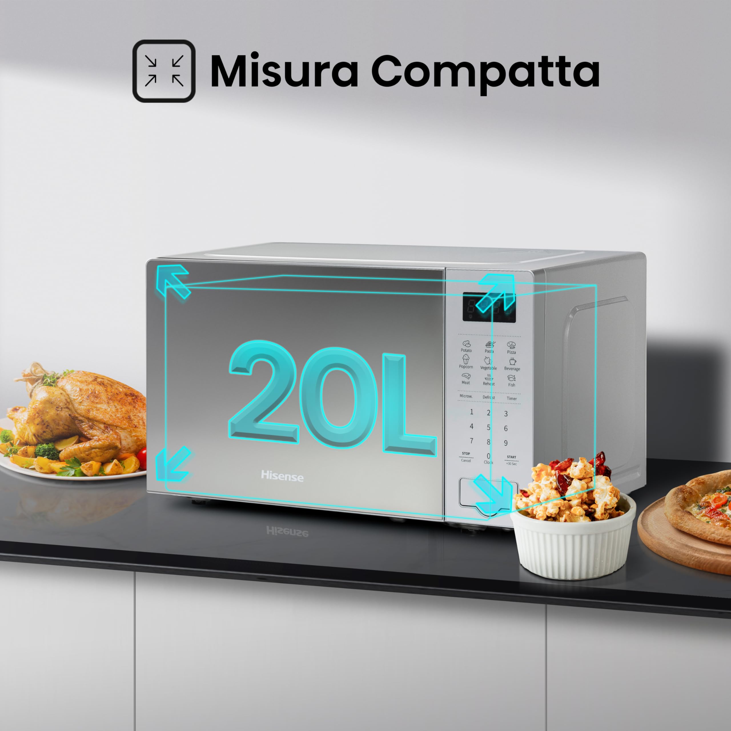 Hisense, H20MOMS4 - Forno microonde 20L, 700W, display LED con comandi touch, 6 funzioni, Colore specchio