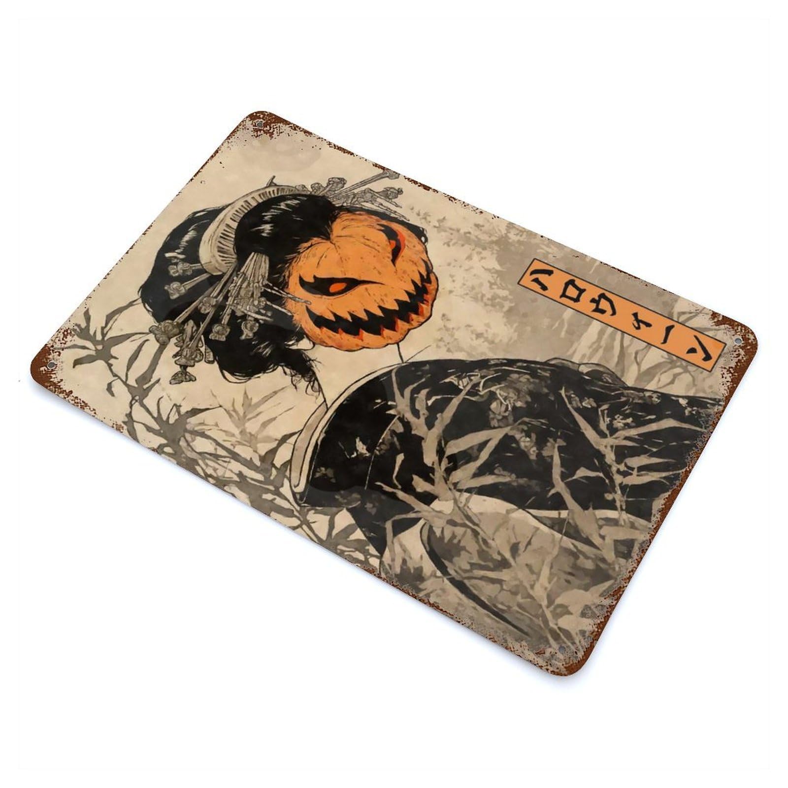 Rust Effect Geisha Pumpkin Mask Halloween Vintage Rust Metal Sign 11.8"x7.9", Vintage Wall Decor for Garage, Bar And Workshop Decor