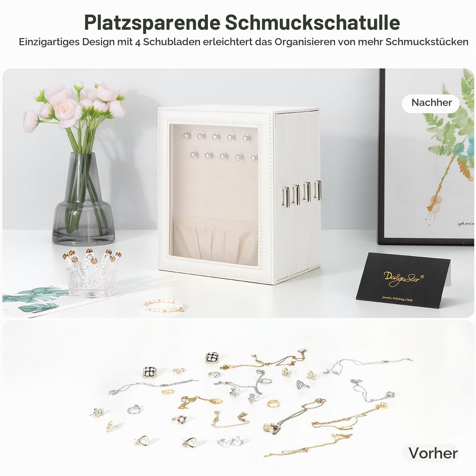 DesignSter Schmuckkästchen, Schmuckschatulle für Damen, PU Schmuckbox mit 4 Seitlichen Schubladen, Schmuckaufbewahrung für Ohrringe, Halsketten, Ringe, Armbänder, Uhren, Beige