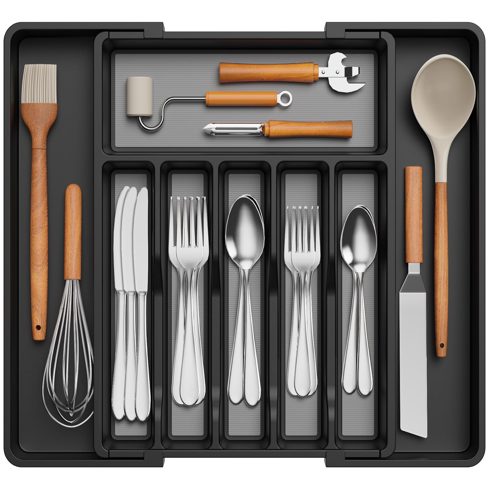 Lifewit Besteckkasten für Schubladen mit Rutschfestes TPR, verstellbarer Kunststoff Organizer Küche Tiefe 42,4 cm, erweiterbar bis 57 cm, Besteckeinsatz für Löffel/Messer, Schwarz & Grau