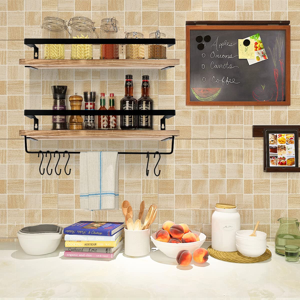 TIMESETL 2 pack Floating Shelves with 6 Hooks, Wood Wall Shelves, Wall Mounted Shelf, Wooden Shelves for Bedroom Bathroom - Image 2