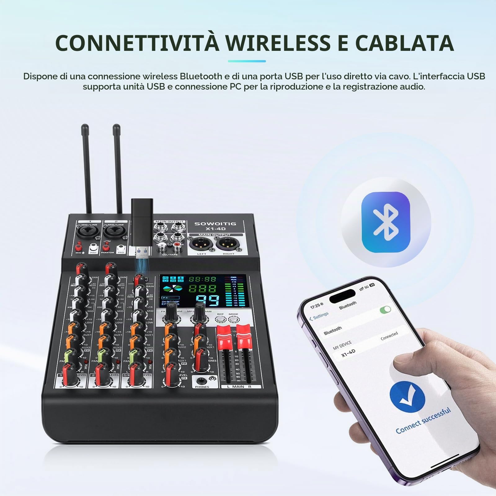 Mixer audio a 4 canali con doppi microfoni wireless, scheda di mixaggio audio professionale Console DJ con 99DSP MP3 Bluetooth 48 V Phantom Power PAD Interfaccia USB per registrazione Karaoke Home