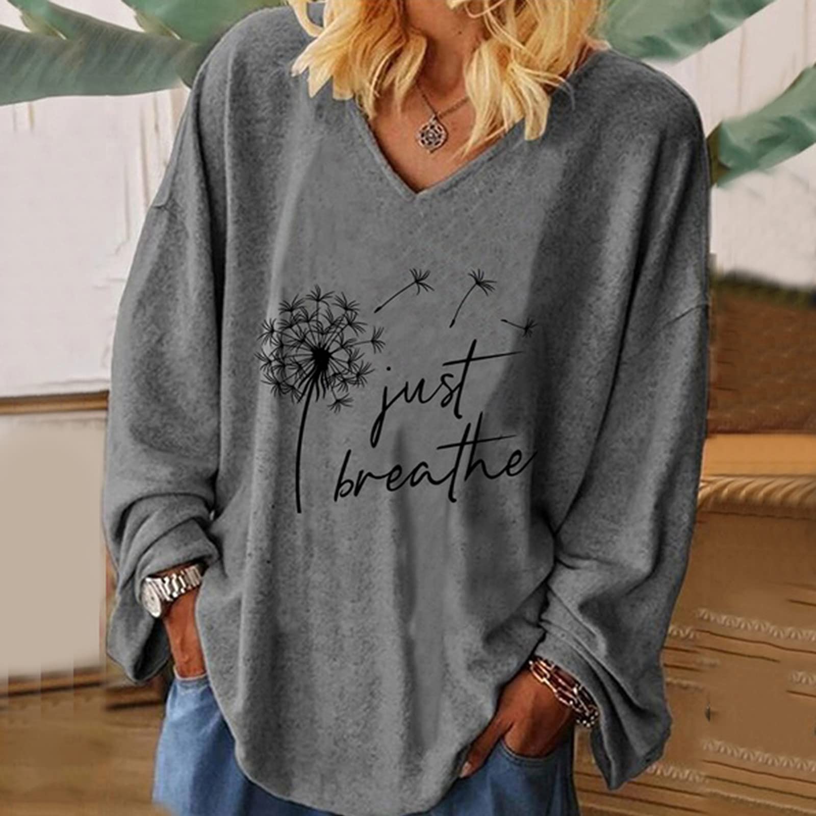 Damen Bluse Langarm Mit Blumenmuster - V-Ausschnitt Loose Fit Oberteil