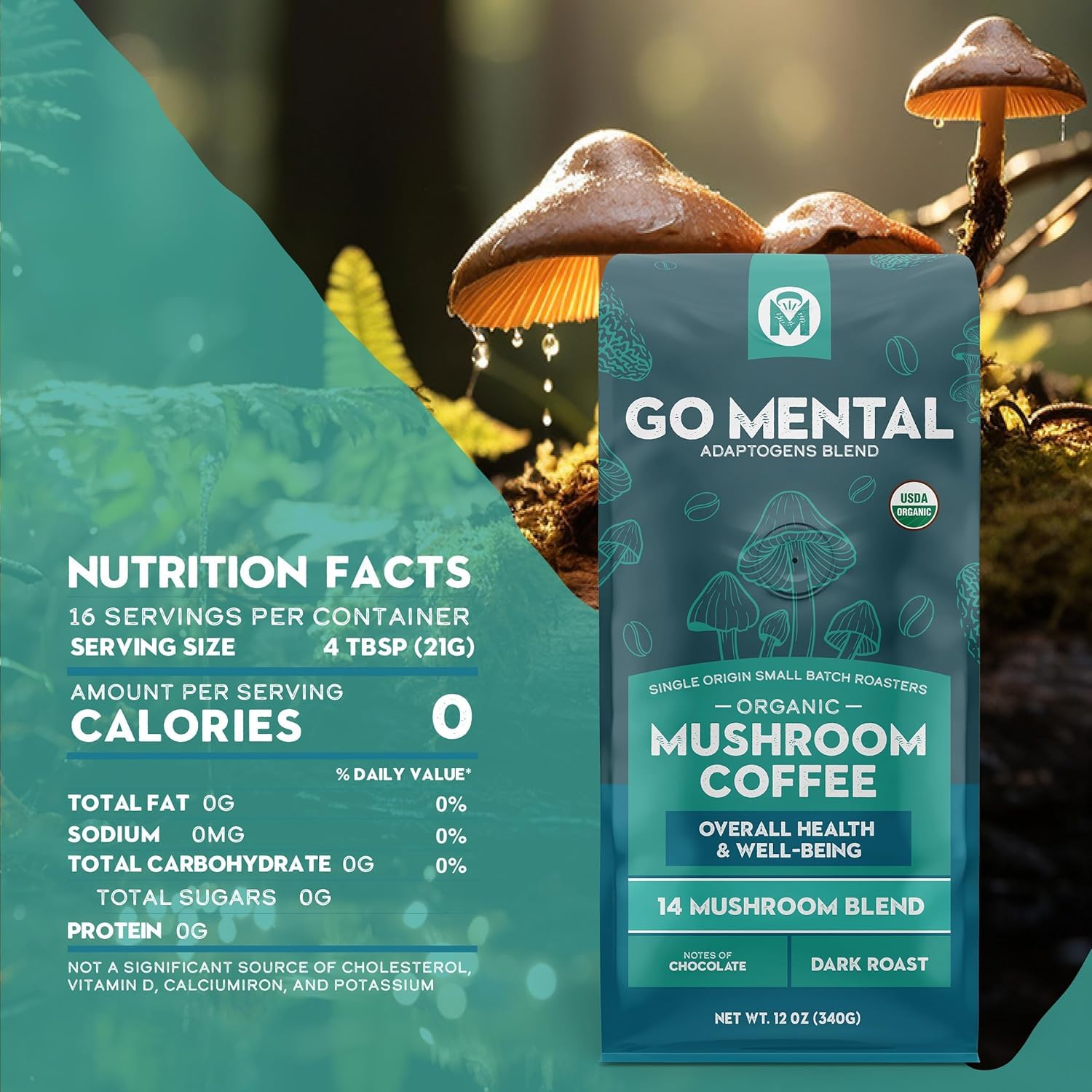Organic 14 Mushroom Coffee Blend Dark Roast, Organic Lion's Mane, Chaga, Red Reishi and more, Chocolate Notes, Enhances Overall Health, Immune Support And Wellbeing, Ground 12 oz Bag (2 Pack)