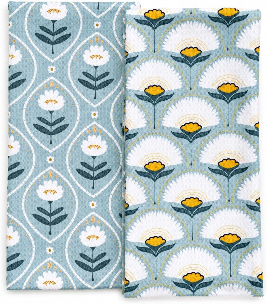 Premium Kitchen Tea Towel | Microfiber Waffle Weave | Quick Dry | Super Absorbent | Double-Sided Designer Prints | 2 Pack (Blue Blush)