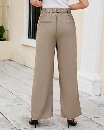 LookbookStore Wide Leg Dress Pants Woman High Waisted Business Casual Pleated Trousers Pants Loose Fit Elastic Waist