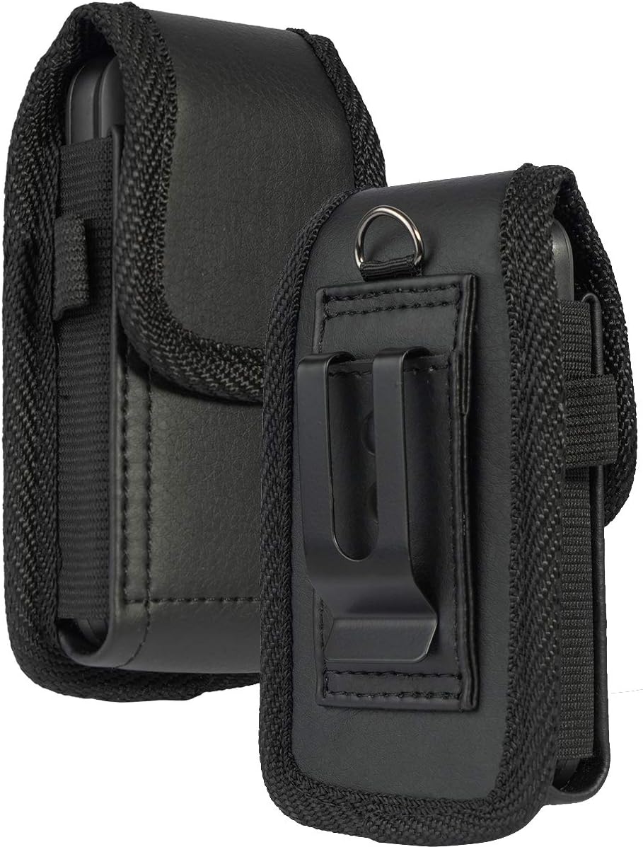 Flip Phone Case, Black Vegan Leather Vertical Pouch [with Belt Loop, Metal Clip, Magnetic Closure] for Alcatel Go Flip V, MyFlip, Quickflip, Cingular Flip 2 (A405DL, 4051s, 4044)