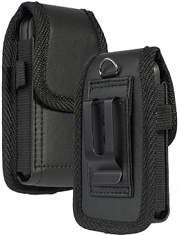 Flip Phone Case, Nakedcellphone Black Vegan Leather Vertical Pouch [with Belt Loop, Metal Clip, Magnetic Closure] for Alcatel Go FlipV, MyFlip, TCL Flip3, Blu Cingular Flex 2, Nokia 2720 2760 2780