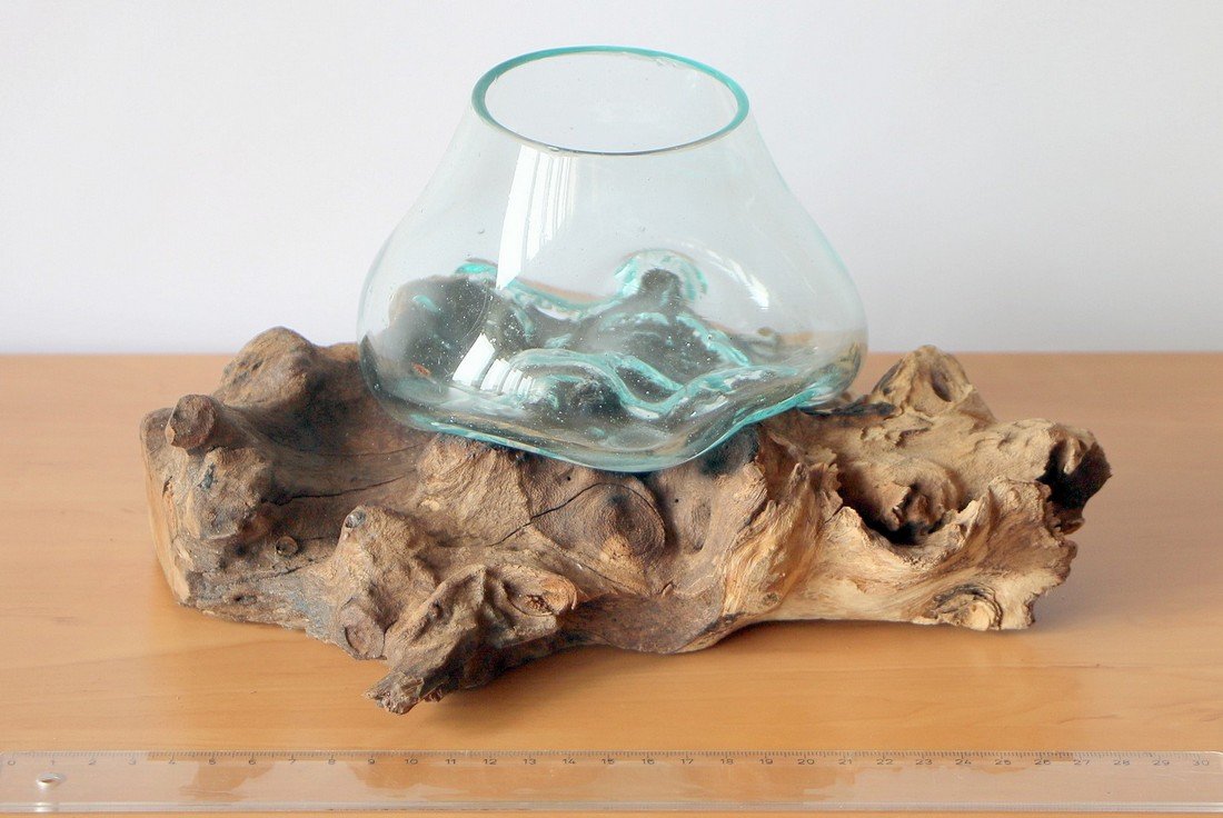 Regalo decorativo Gamal, radice di legno con vaso di vetro del diametro di 12 – 13 cm, radice di legno in teak, vaso di vetro S