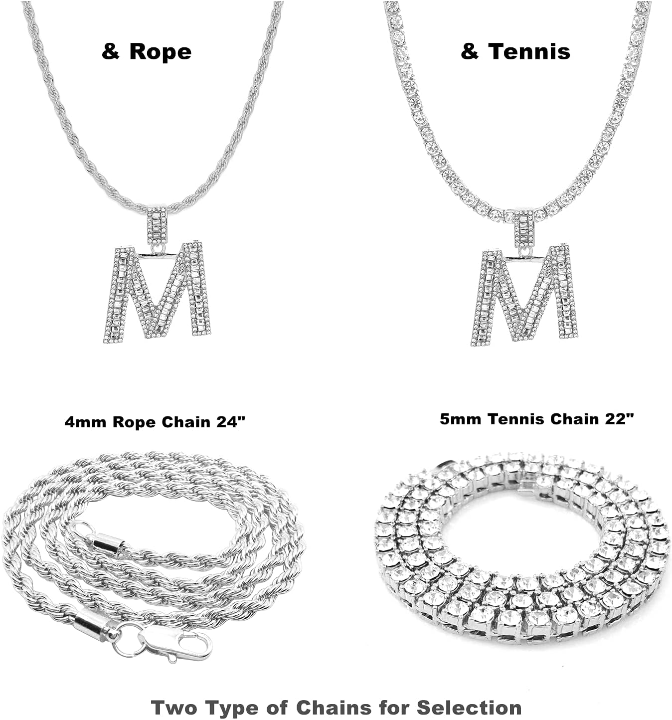 HH Bling Silver Gold Iced Out Baguette Initial Letter Necklaces for Men Women, Big Cz Diamond Capital Letter Pendant A-Z with Rope Tennis Chains - Image 2