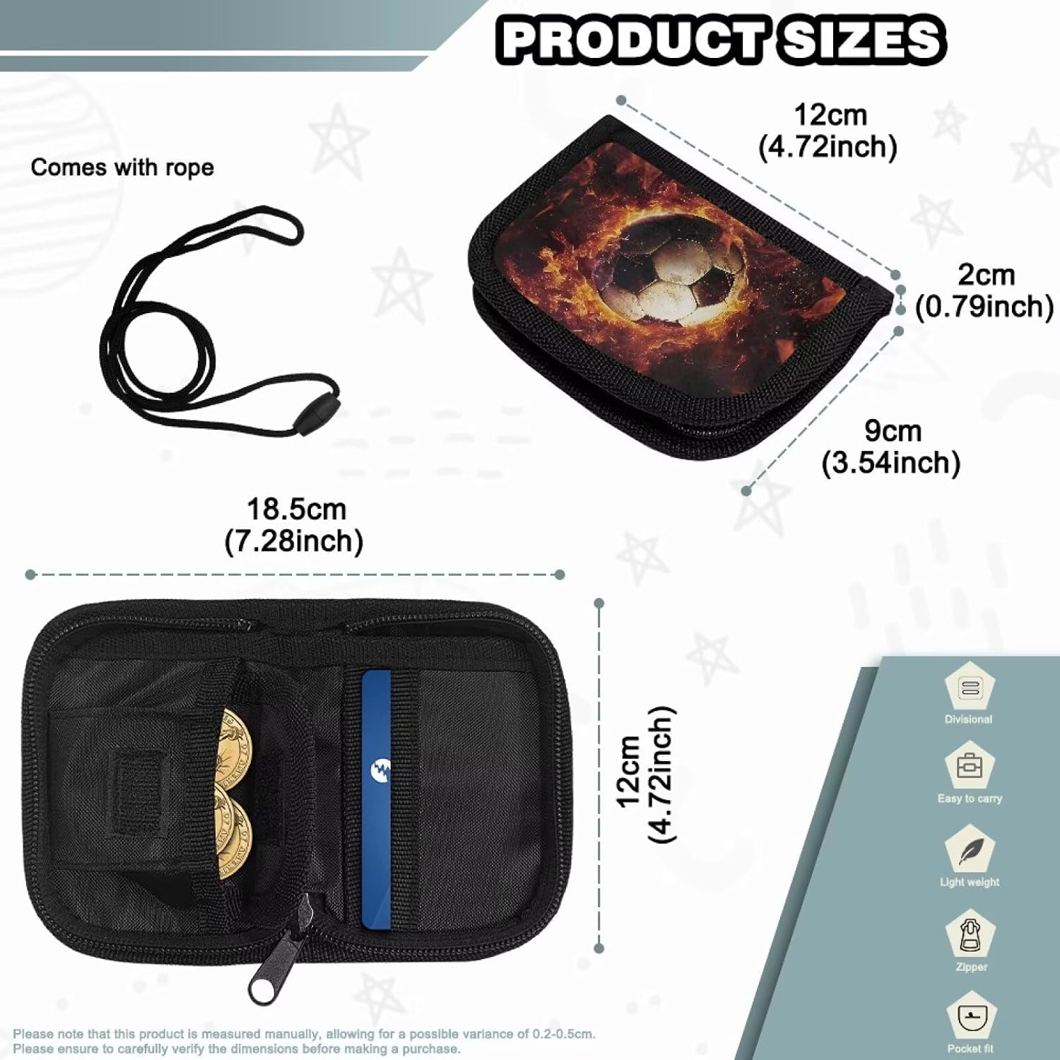 Cozeyat Fire Soccer Kids Canvas Money Coins Purse for Boys Teen, Foldable ID Cards Wallets Pouch for Travel Sports, Easy to Carry