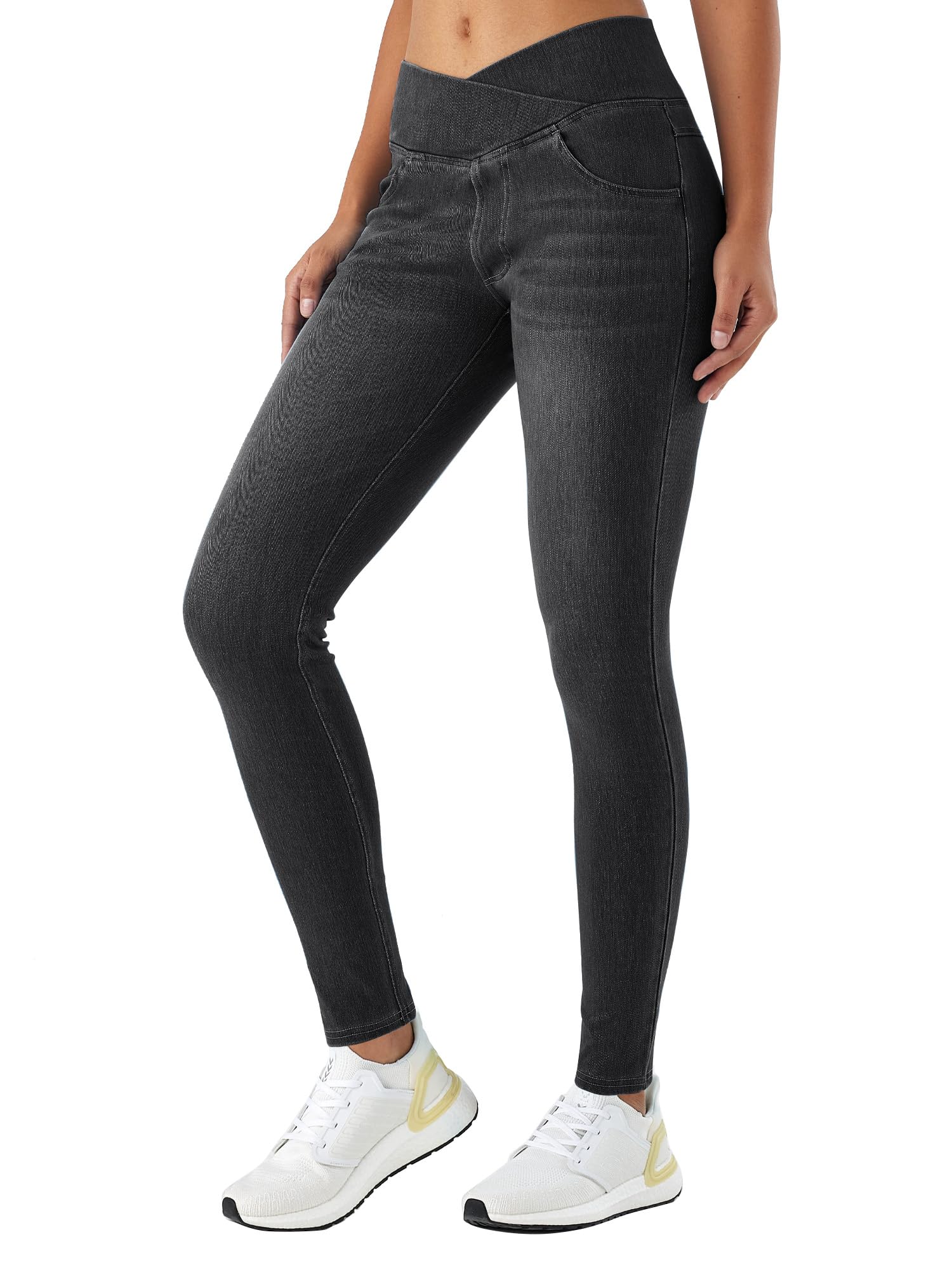 LaiEr Donna V Crossover Skinny Jeans Vita Alta Controllo Pancia Leggings Fitness Casual, Elasticità Morbida Stampa Denim Finto Casual con Tasche Laterali.