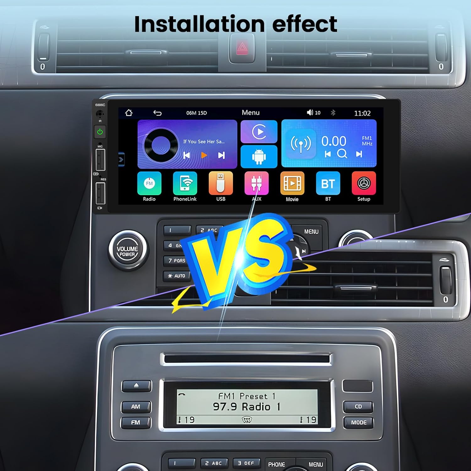 Car stereo screen displaying Apple CarPlay and Android Auto interfaces with a smartphone connected via USB