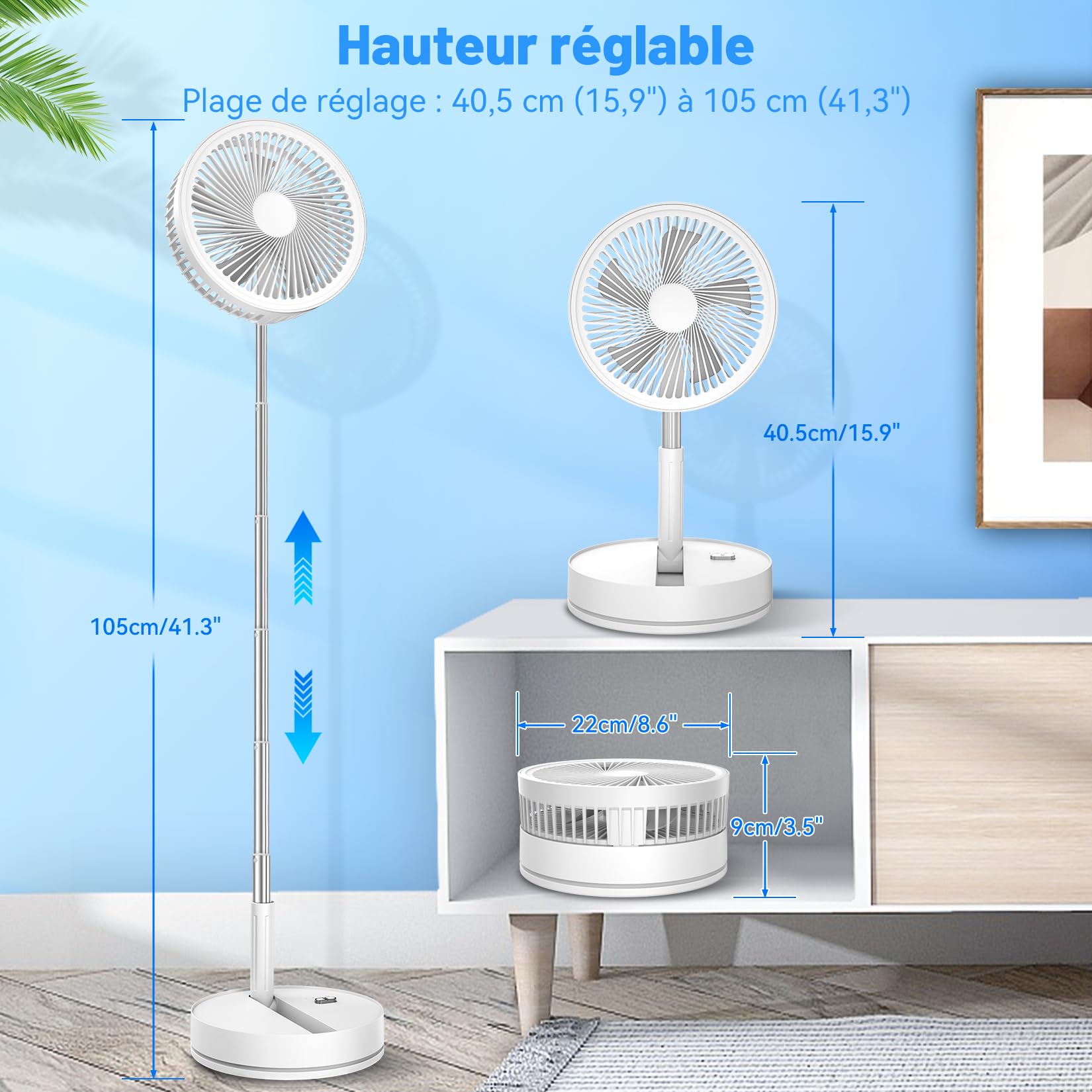 Oscillant Ventilateur sur Pied Silencieux avec Télécommande, 8.6'' Portable Pliable Sol/Table Ventilateurs 4 Vitesses/Timer, 8000mAh USB Rechargeable Piédestal Fan pour Chambre Bureau Camping Voyage