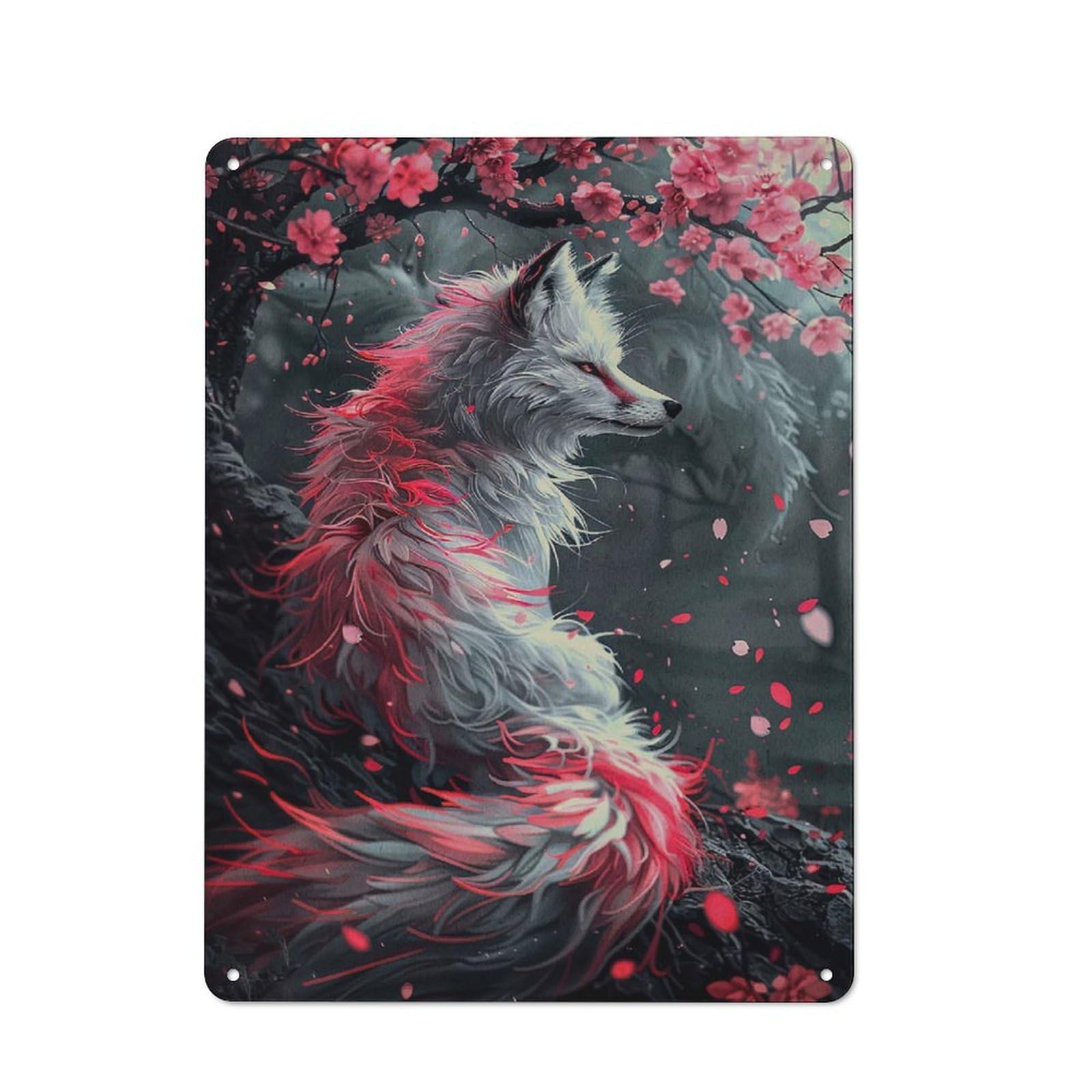 Decorative Metal Sign with Cherry Blossom Wolf Design 40x30cm, Retro Bistro Wall Plaque for Coffee Bar, Kitchen, Bistro Or Tea Corner