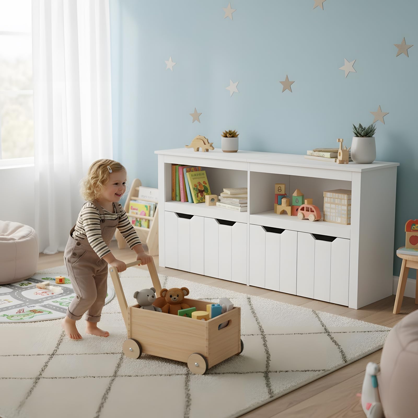 Mobile Contenitore Giocattoli Bambini, Libreria Salvaspazio Montessori con Ruote, Scaffale Porta Giochi/Libri, Organizer Cameretta 3-12 Anni, Cassettiera Bianca con 4 Scomparti, 120x33x61cm