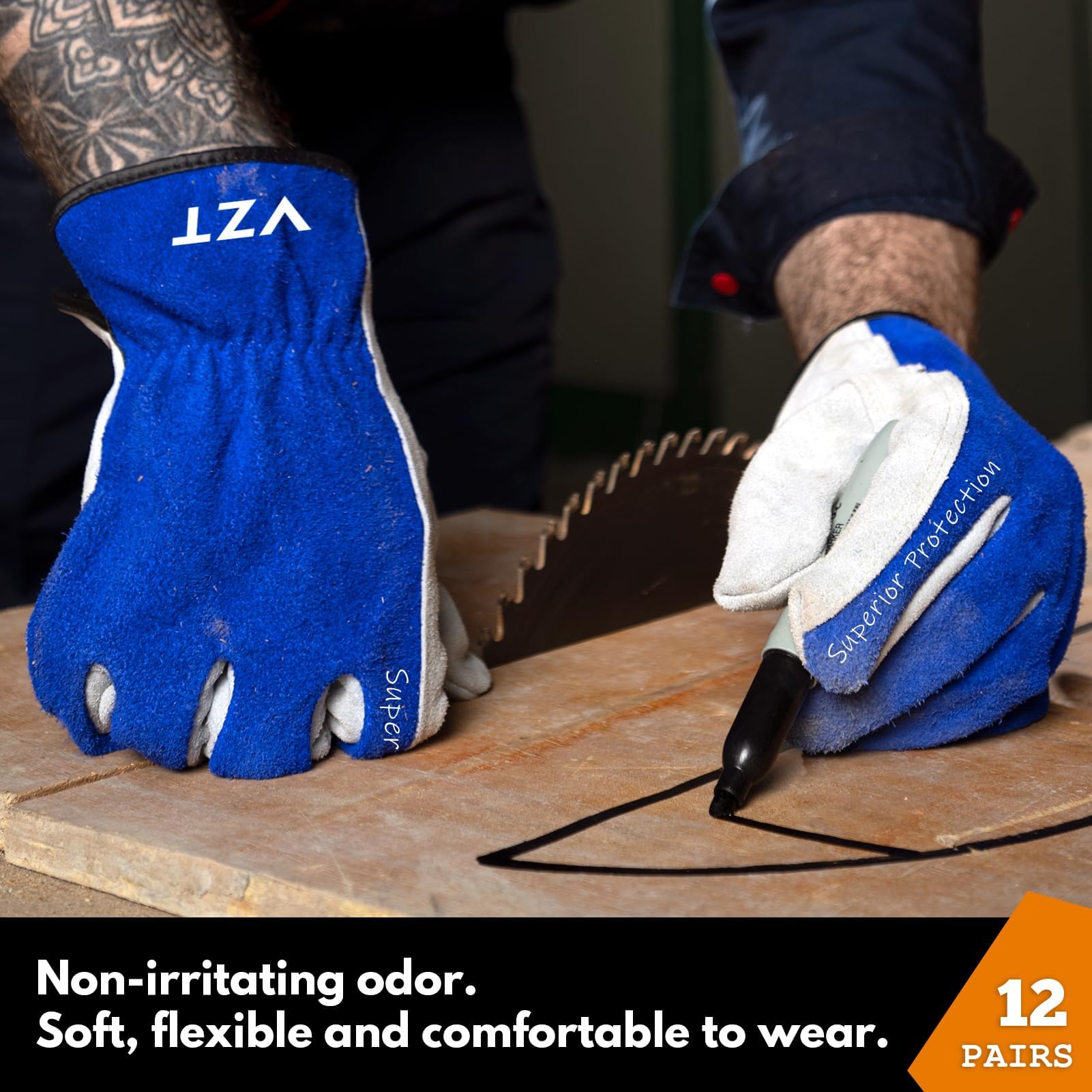 Lot de 12 paires de gants de travail en cuir pour homme ou femme pour la construction, la coupe du bois, la conduite, le jardinage, la réparation automobile, résistant à l'eau, cuir de vachette