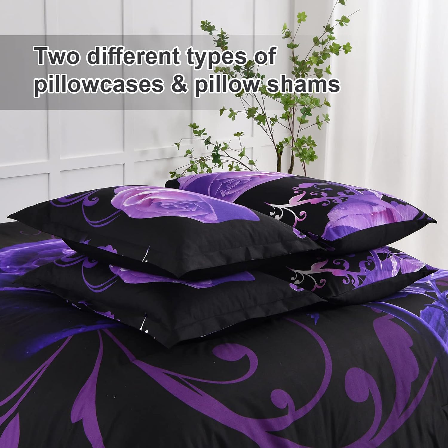 Xruibed Floral Comforter Set Queen 7 Piece Bed in a Bag Purple Rose Flower Comforter with Sheet Set Soft Micorfiber Bedding Set (1 Comforter,2 Pillow Shams,1 Flat Sheet,1 Fitted Sheet,2 Pillowcases) - Image 6