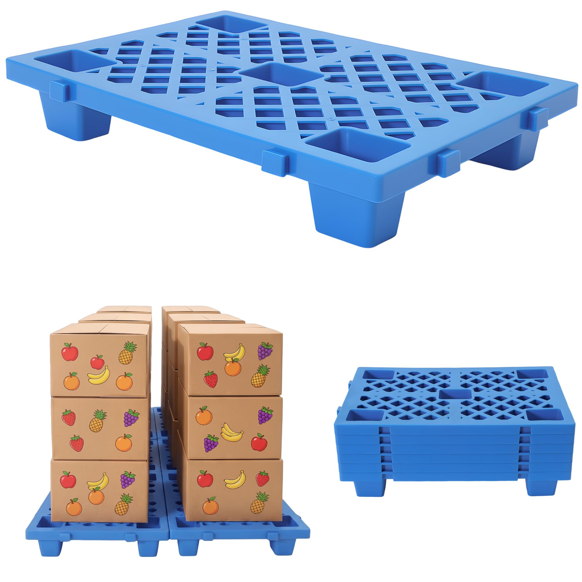 Set di 6 pallet in plastica, 60 x 40 cm, 100 kg, impilabili, blu