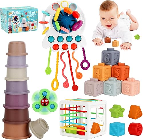 Miniatura 1 de Juguetes para bebés de 6 a 12 meses, juguetes Montessori 5 en 1 para niños pequeños de 1 a 3, cubo sensorial, juguetes apilables para bebés,