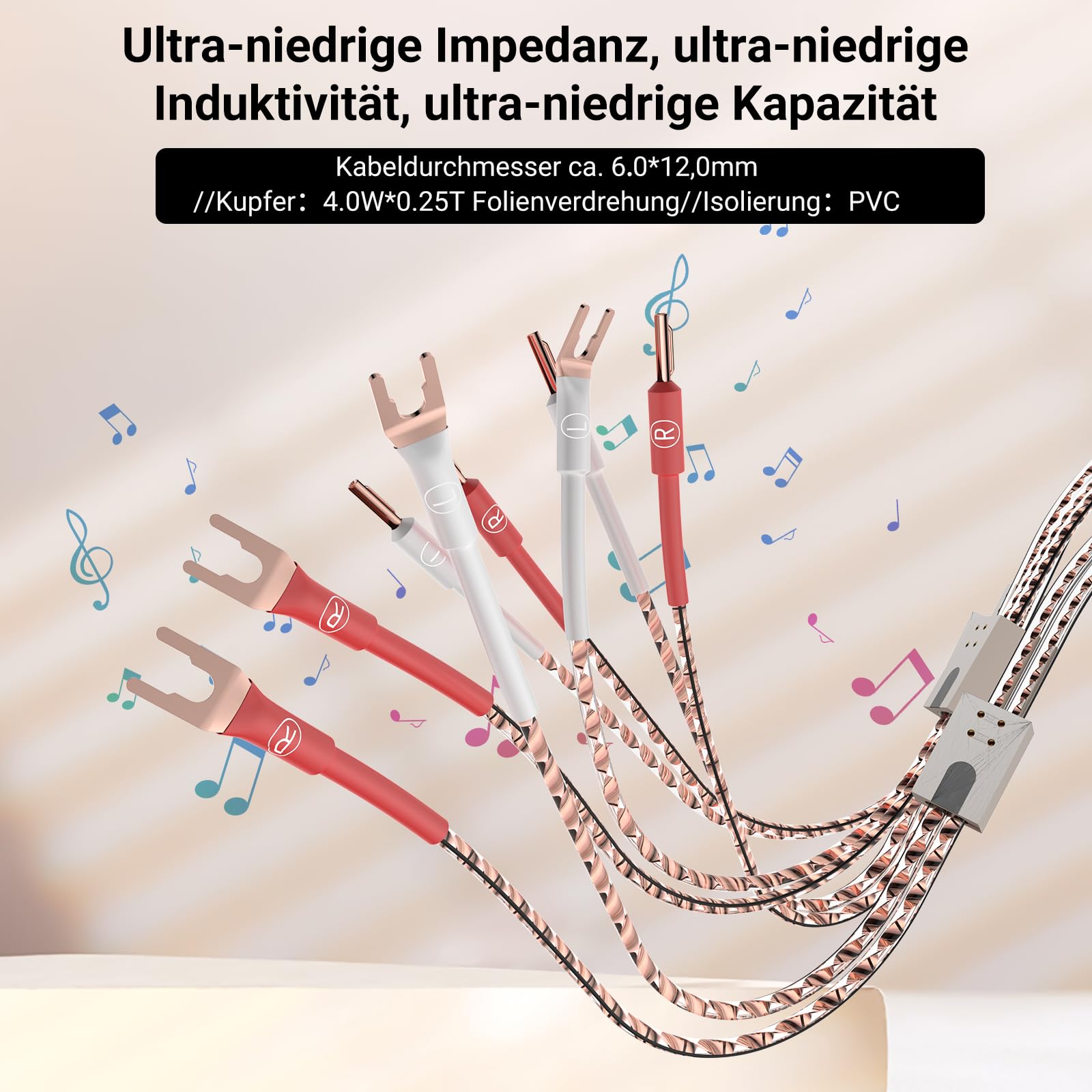 Tertullus VS903 High End - Cable de altavoz (cobre completo, plano, 99,999%, 17 AWG (1,0 mm2), cable dinámico para altavoces HiFi (doble filamento) (pala a banana, 2,5 m)