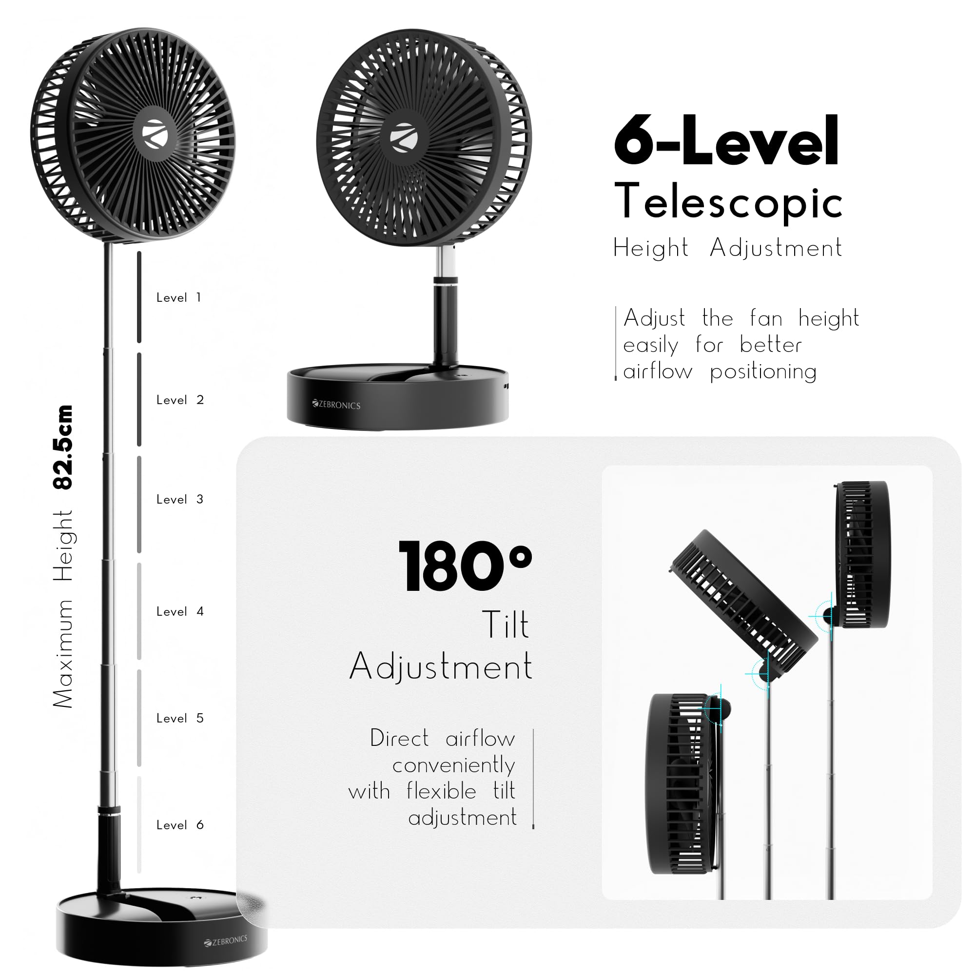 Zebronics Heat Buster 500 Portable Tower Fan, 6000 RPM, Up to 8H Backup, 3 Speed+Breeze Mode, 5400mAh Battery, Telescopic & Foldable Design, Type-C Charging, Suitable for Car, Black 3