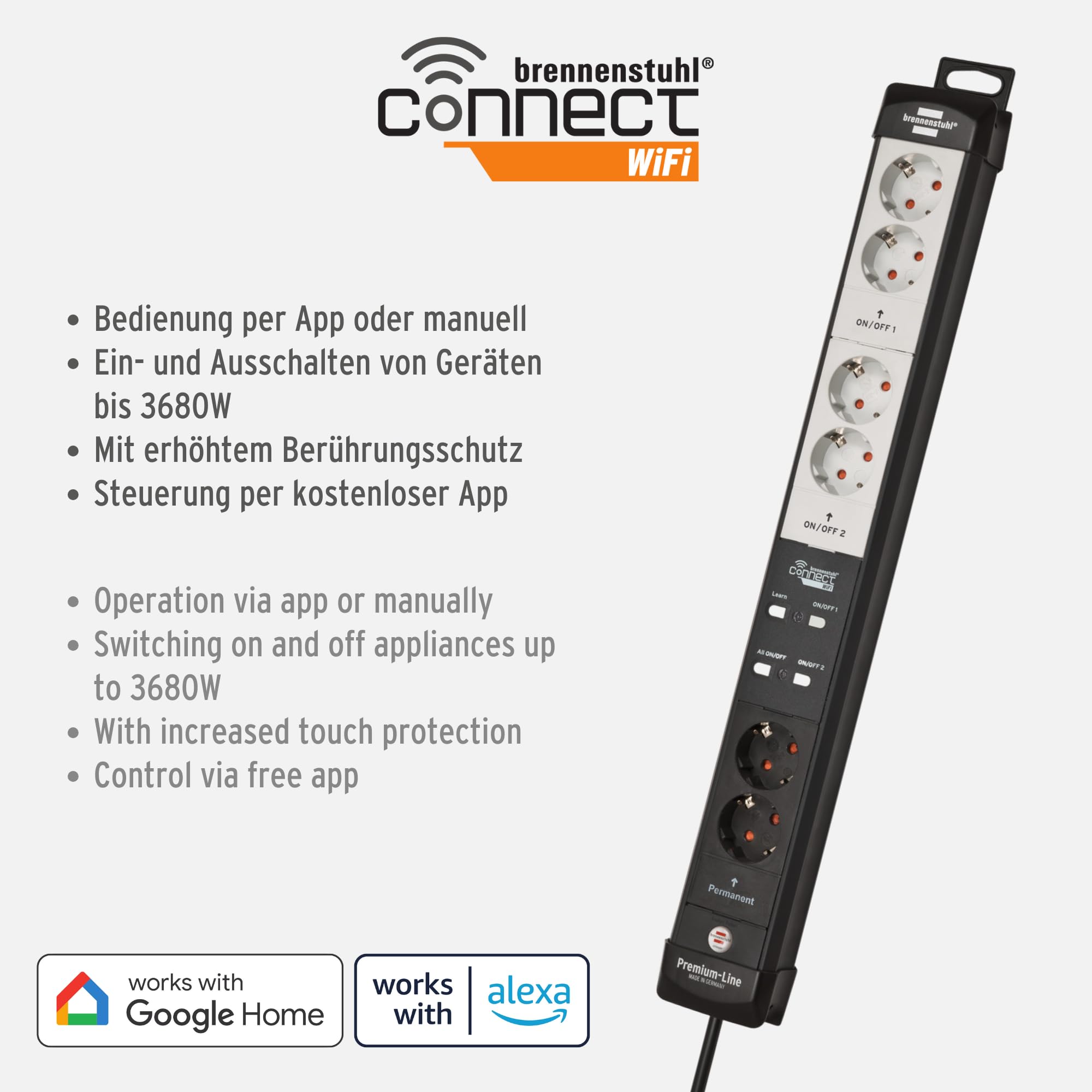 Brennenstuhl Connect Premium-Line WiFi Steckdosenleiste 6-Fach, Smart Home | Intelligente Mehrfachsteckdose 2.4 GHz WiFi, kompatibel mit Amazon Alexa und Google Assistant, 3m Kabel, Made in Germany