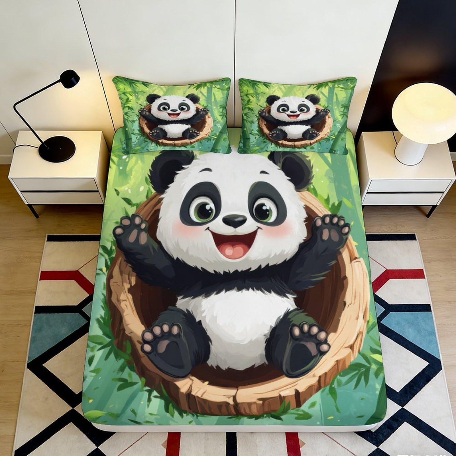 3D Printed Cute Panda Fitted Sheet Microfiber Soft Non-Slip Cartoon Bamboo Mattress Cover for Bedroom Guest Room Decor 180x200x25cm