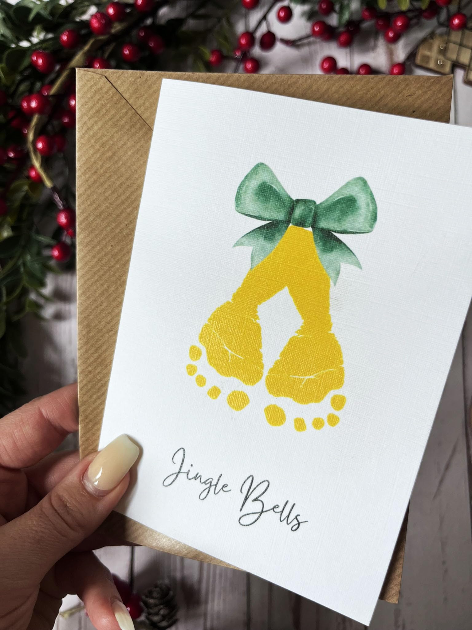 Baby Footprint Christmas Card for My First Christmas. Chrismas Wishes & Mistletoe Kisses. Perfect for Family & Friends. Unique Greeting Card (DIY Jingle Bells)