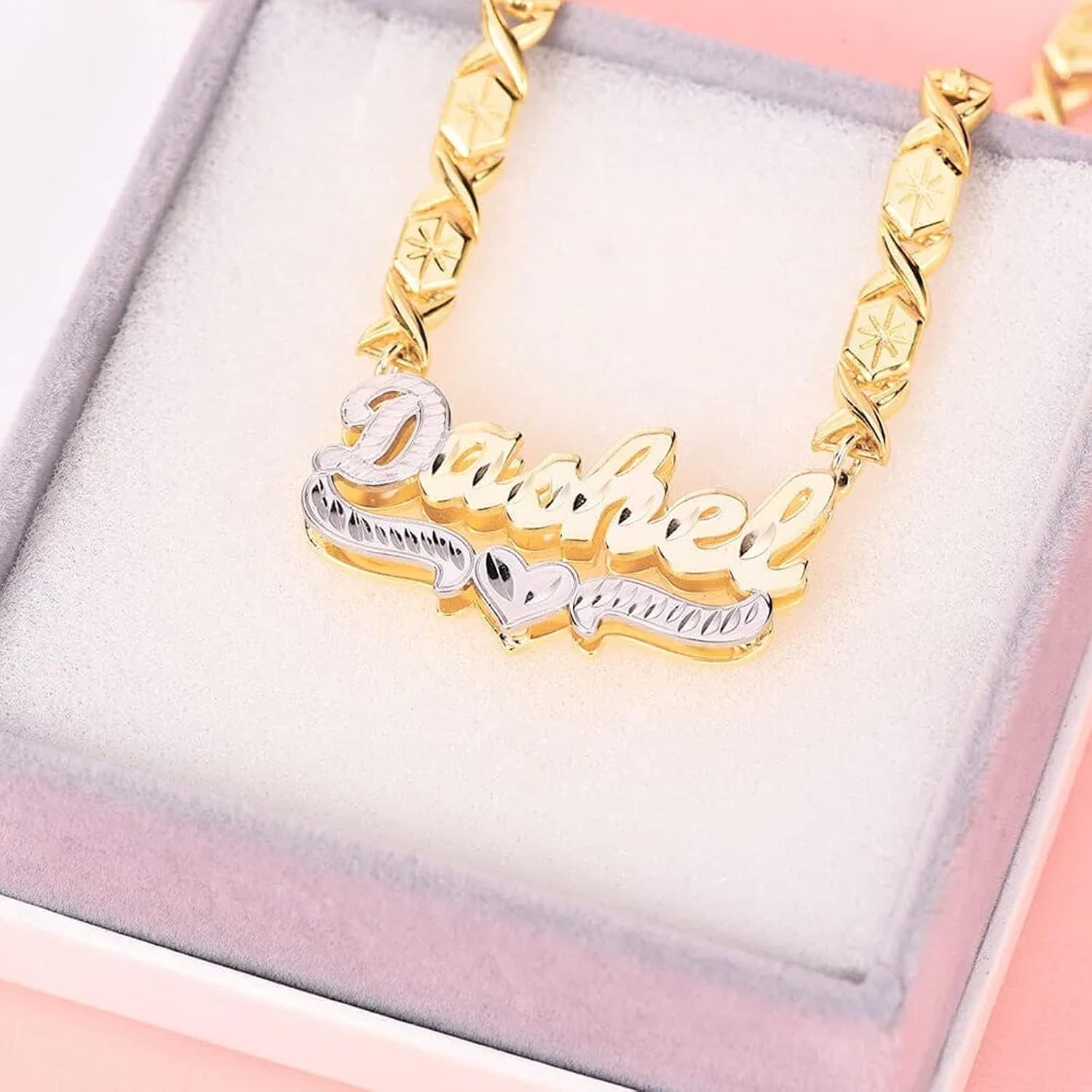 Double Plated Nameplate Name Necklace Custom Heart Necklace Personalized Two Tone Gold and Silver Custom Name Necklace for Women Teen Girls Jewelry Gift