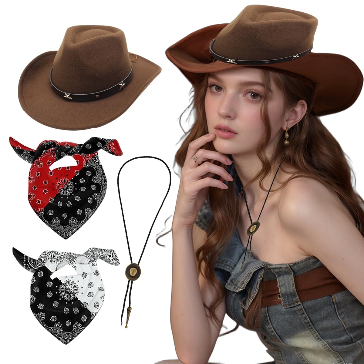 4 Stück Western Cowboyhut mit Bandana und Western-Cowboy-Anhänger, Kopfbedeckung für Faschingskostüme, Western Cowgirl Hüte für Verkleidung, Kostüm, Karneval, Mottoparty Cosplay Party Dress Up