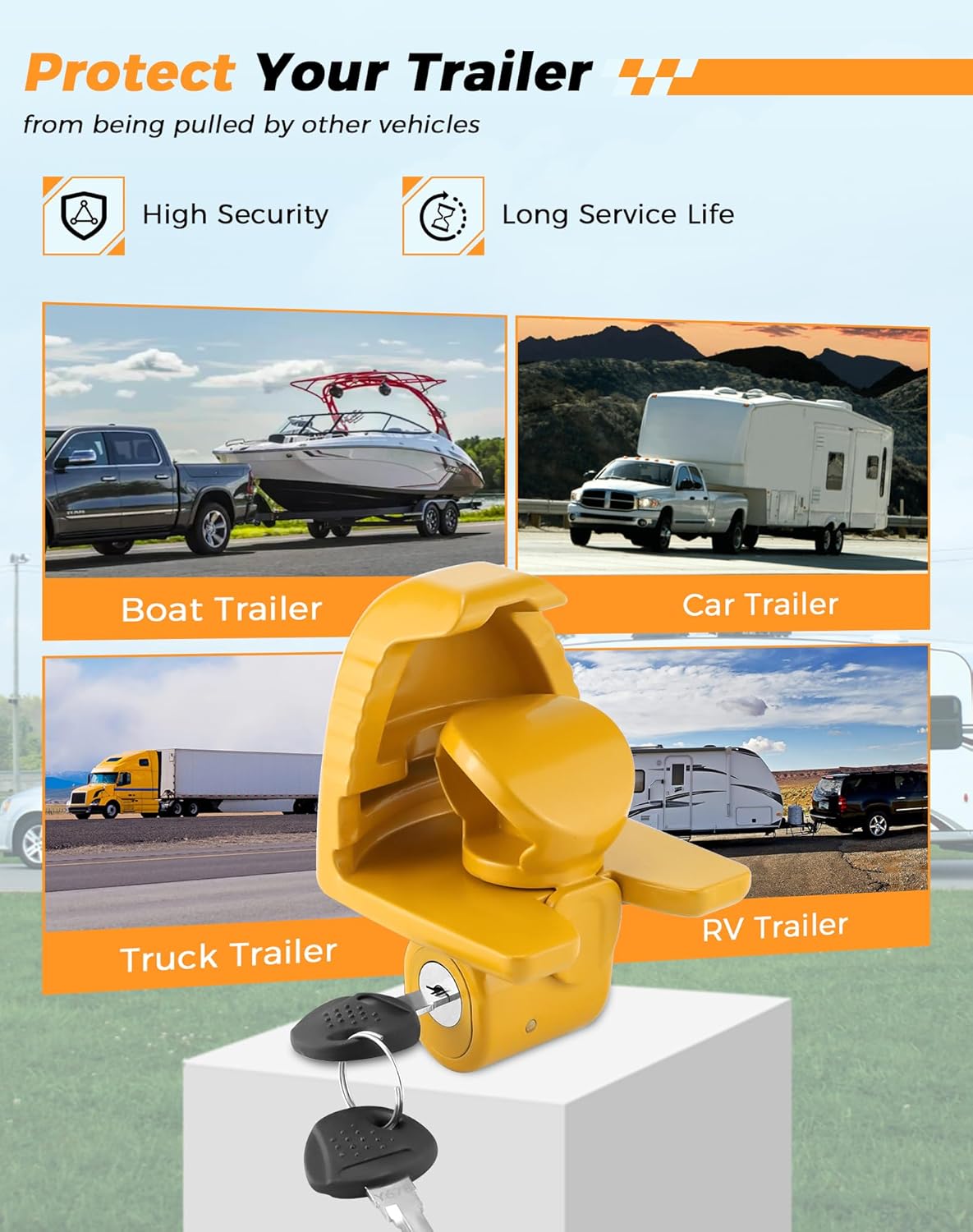 Trailer Hitch Lock Universal Size with Key Fit for 1-7/8", 2", and 2-5/16" Couplers Heavy Duty Steel by Fetechmate Trailer Locks Accessories for Boat, Vehicles and RV, Yellow
