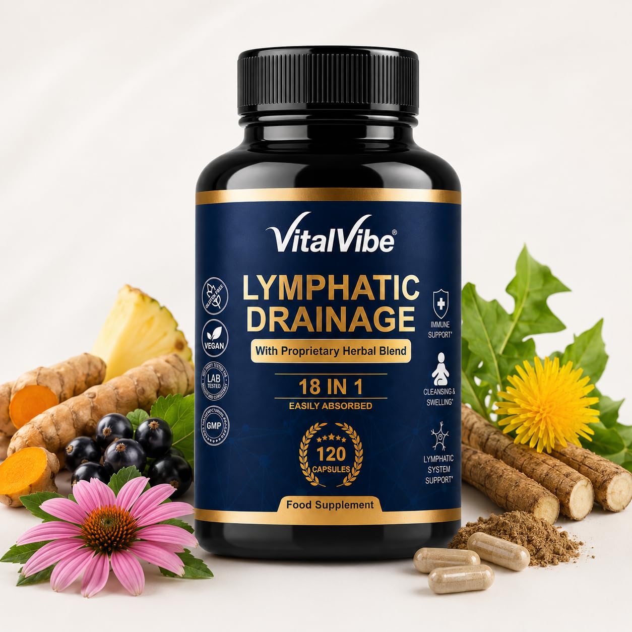 Lymphdrainage Kapseln - 18 in 1 Komplex mit Löwenzahn, Klettenwurzel & Bromelain - Lymphatisches System & Immunsystem Support - 120 Vegane Kapseln mit Vitamin C, D3, Zink & Selen