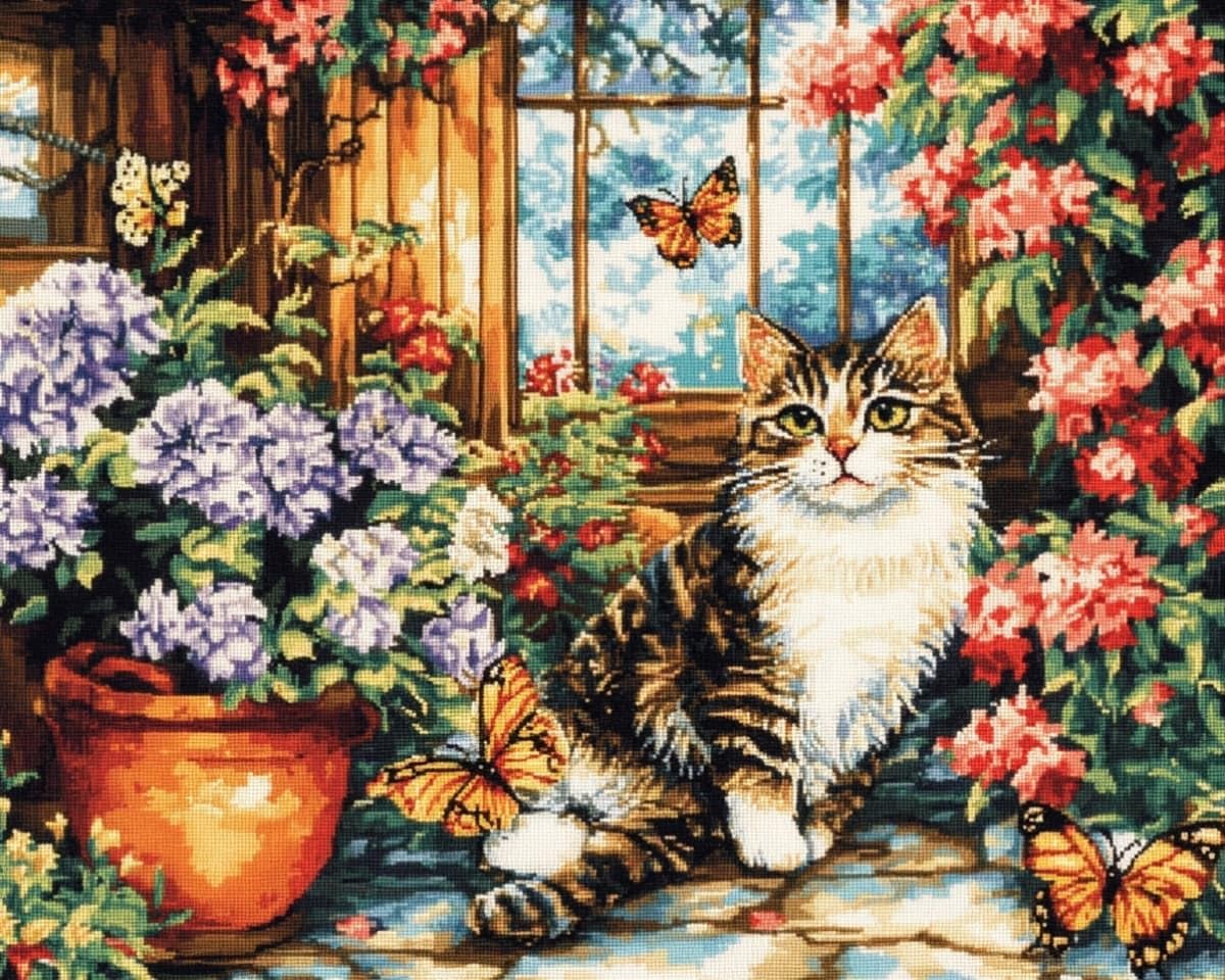 AxiangziK Cross Stitch Kits for Adults Beginners,Cats and Butterflies in the Yard 12x16 Inch Stamped Embroidery 11CT Needlepoint Kits Fun DIY Crafts Home Decor & Craft Gifts