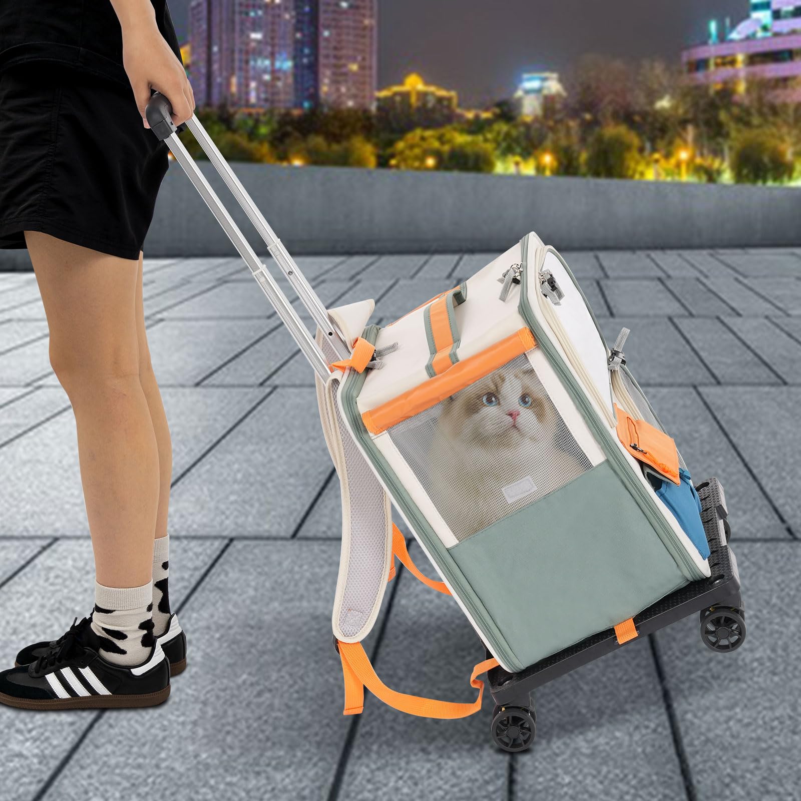 Katzentransportbox für Katzen bis 12.5kg, Tiertransporter mit Rollen, Haustier Tragetasche Rucksack mit Rädern, Transportbox Katze für Spaziergänge, Camping