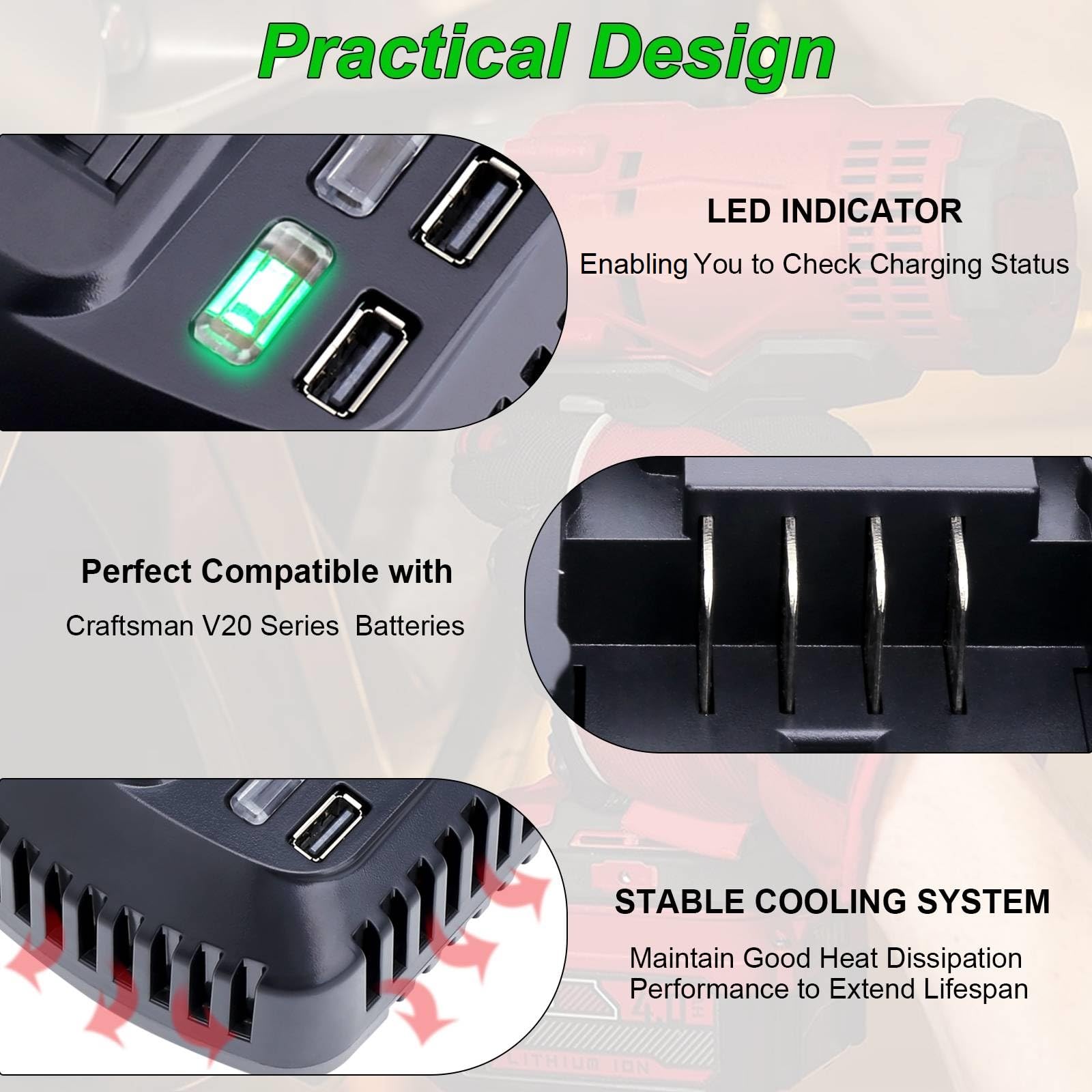 Cargador rápido de batería V20 CMCB104 de repuesto para Craftsman V20 20 V máx. Cargador de batería de litio para CMCB201 CMCB202 CMCB204 CMCB205 CMCB206, con 2 puertos USB